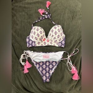 Victoria's Secret beige, Purple and Pink Printed Halter Bikini Top